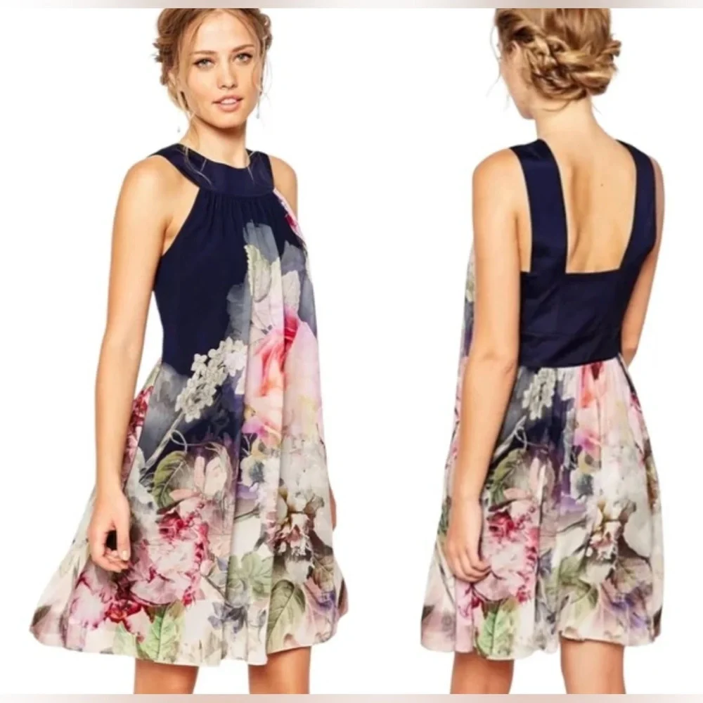 Ted Baker London Marindi Swing Dress Pure Peony Navy Blue Pink Floral size 6 - Picture 2 of 12